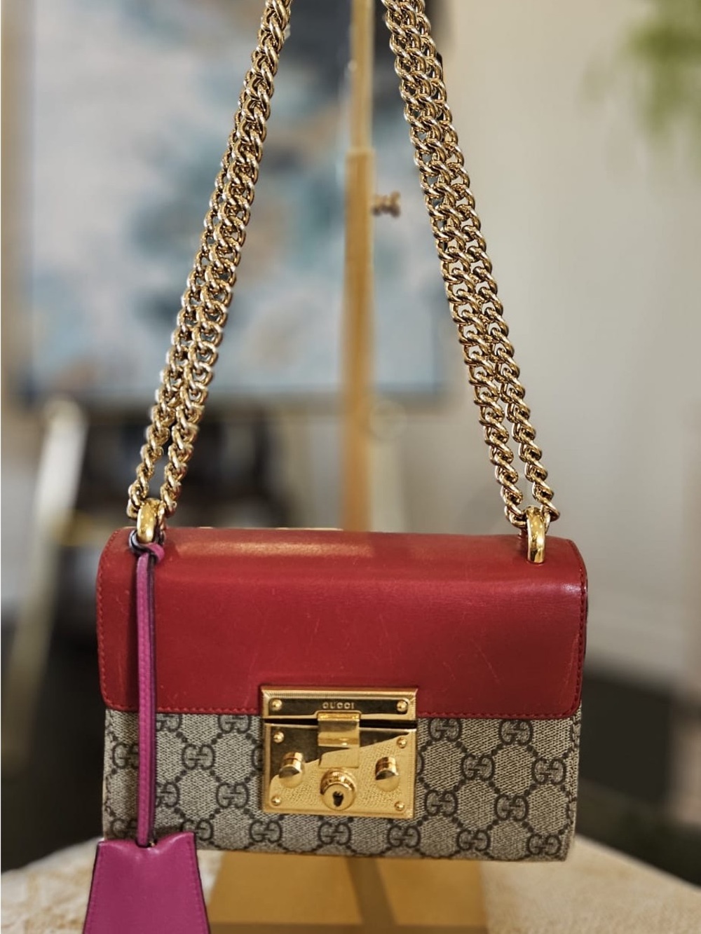 Gucci Red and Beige GG Chain Small Padlock Shoulder Bag - Picture 3 of 15
